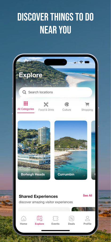 Experience Gold Coast - Experience Gold Coast app explore page showing local beach destinations and travel categories