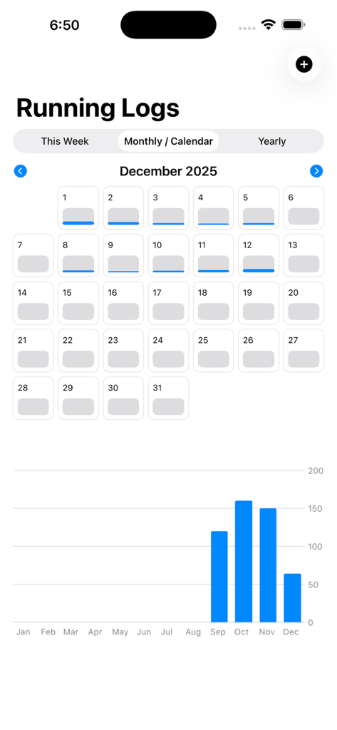 Running-Logs - Running Logs app interface showing a monthly calendar view and a yearly progress bar chart