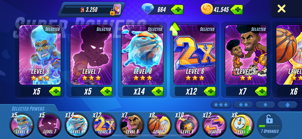 Basketball Arena - Sports Game - Basketball Arena game menu showing various unlockable super power cards with their levels and star ratings