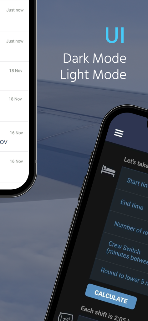 CONNECT - CrewLounge AERO - Vergleich von hellem und dunklem Modus der Benutzeroberfläche in der CrewLounge CONNECT App für Flugbesatzungen