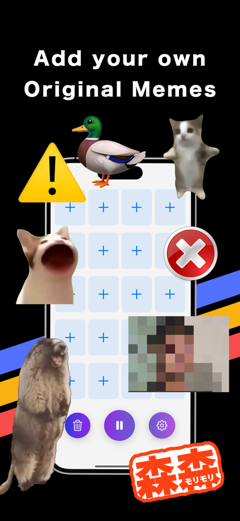 MemeMaker app interface showing a phone screen with a grid of plus buttons to add original memes and sounds featuring internet cat and duck icons