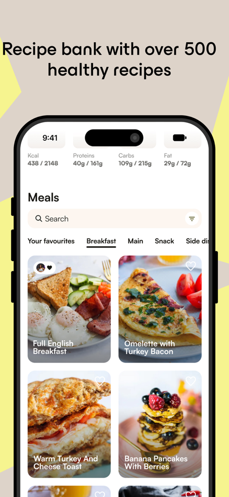 OWNU app recipe bank screen showing breakfast options and macro tracking data