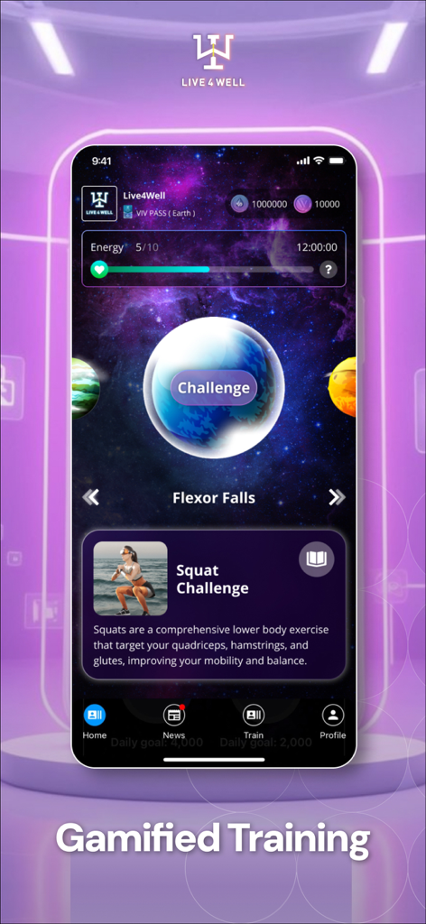 Live4well - Painel do aplicativo Live4well mostrando recursos de treinamento gamificados e um desafio de agachamento