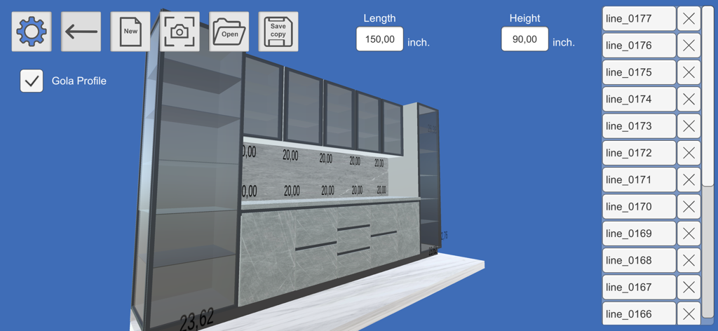 3D model of kitchen cabinets with dimensions and editing tools in the Kitchen Editor 3D app.