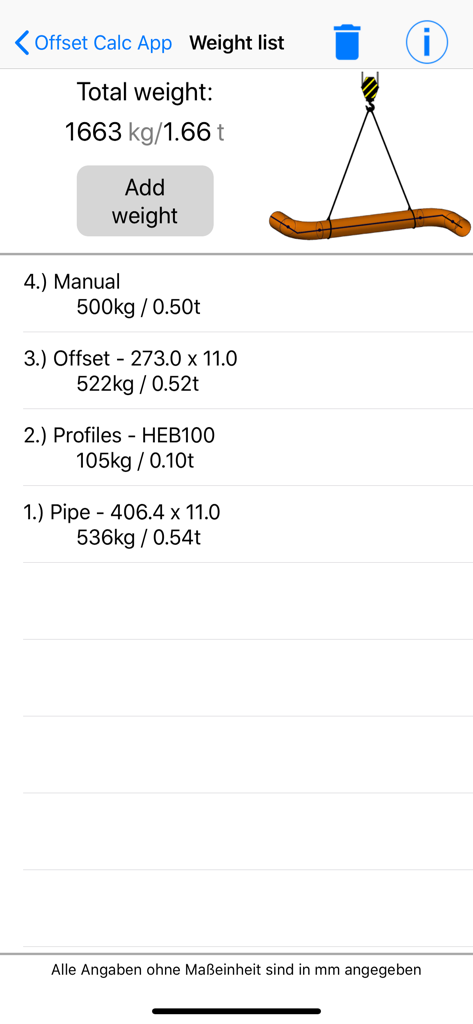 Offset Calc App - Weight list screen showing the total weight calculation for industrial pipes and profiles to assist in safe lifting gear selection.
