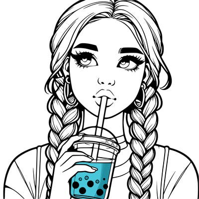 realistic girl with braided hair drinking boba
