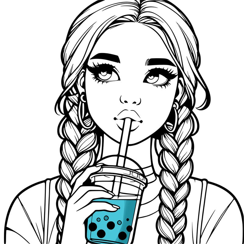 realistic girl with braided hair drinking boba