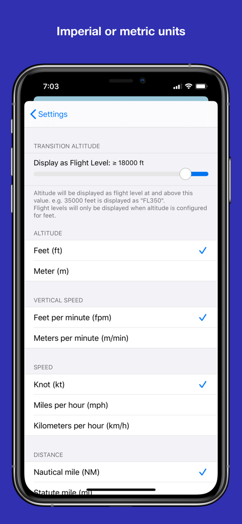 Settings screen in OpenADSB to choose imperial or metric units for flight tracking