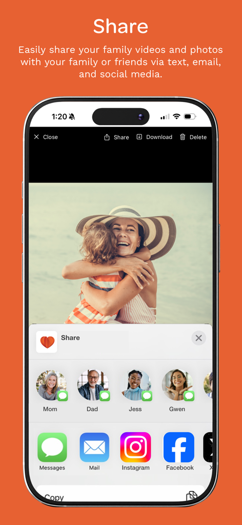 iMemories - Interface of the iMemories app showing a photo share screen with options to send memories via text email and social media