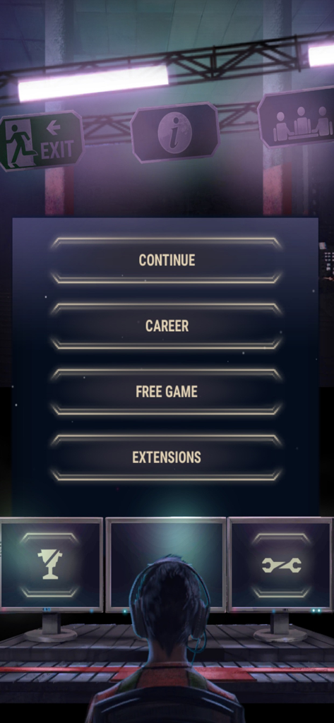 Main menu of the 911 Operator game showing buttons for Career and Free Game modes with a dispatcher at a desk.