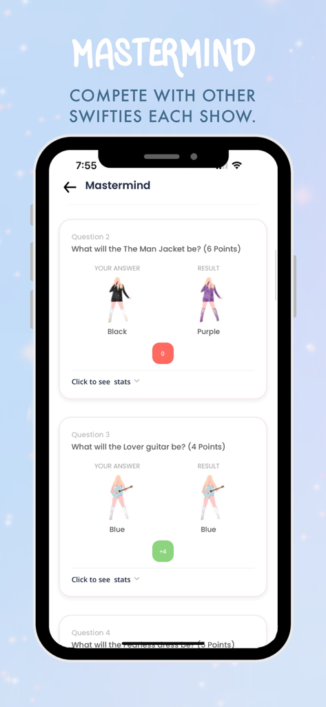 Swift Alert - Mastermind prediction game screen in the Swift Alert app for tracking Eras Tour concert outfits and instruments.