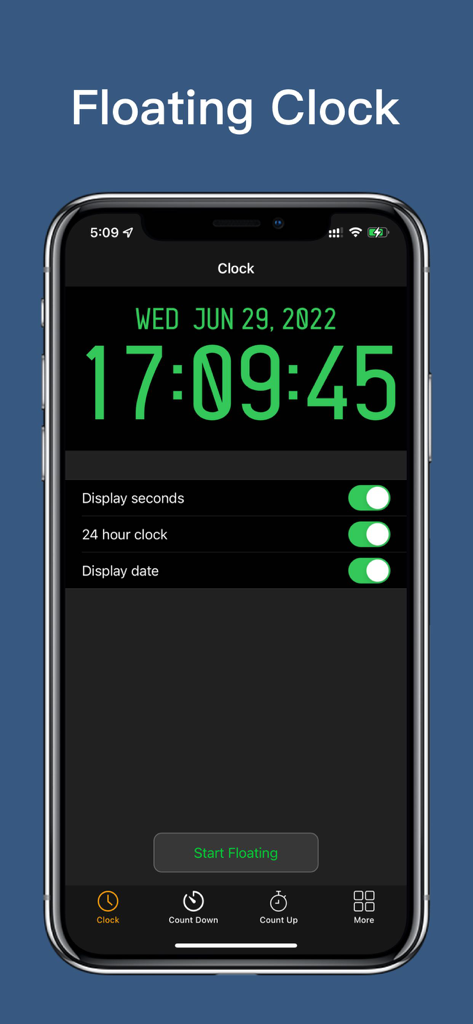 LCT Floating Timer - Stopwatch - LCT Floating Timer app interface showing a digital clock with green digits and custom settings toggles