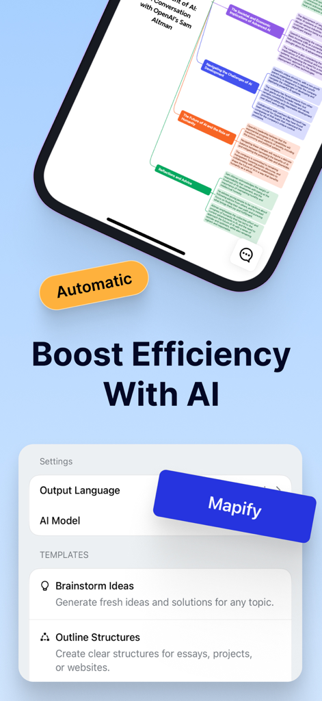 Mapify: AI Mind Map Summarizer - Mapify app interface showing an AI generated mind map and productivity templates for brainstorming.