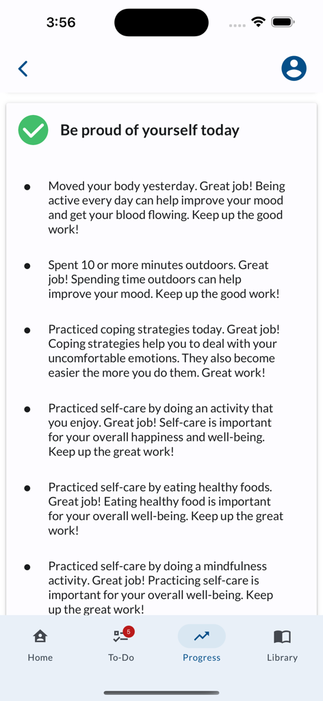 SeamlessMD app screen showing daily patient progress and health goal achievements with positive reinforcement.