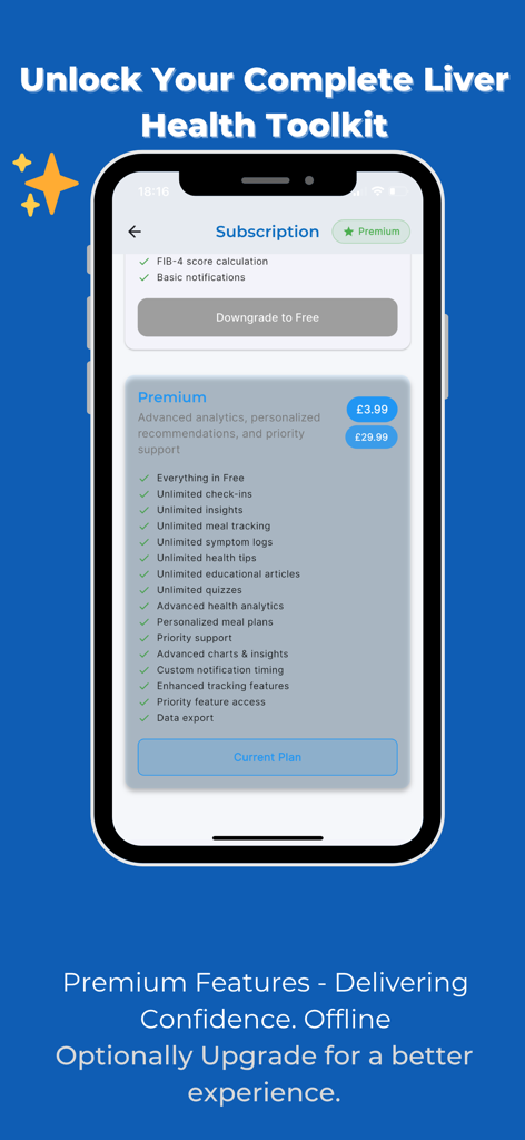 LiverAlertMe: Fatty Liver Care - LiverAlertMe app premium subscription screen showing features like advanced analytics and personalized meal plans