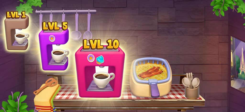 Cooking Rage - Restaurant Game - Progresión de mejoras de máquinas de café del nivel 1 al nivel 10 en una cocina de restaurante