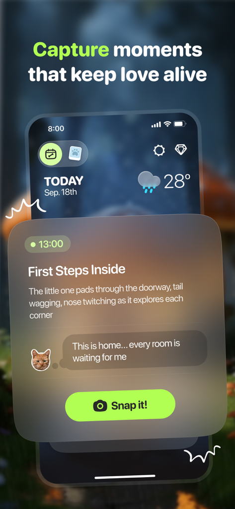 Furever - Pet in Heaven - Interface of the Furever app showing a daily memory and message from a pet cat in a whimsical afterlife