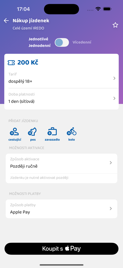 IREDO - IREDO app interface showing options to buy a transit ticket with Apple Pay