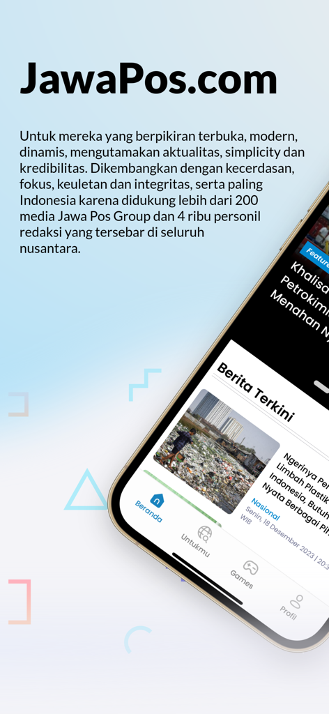 Smartphone screen displaying the JawaPos.com news app interface with latest news articles and navigation menu.