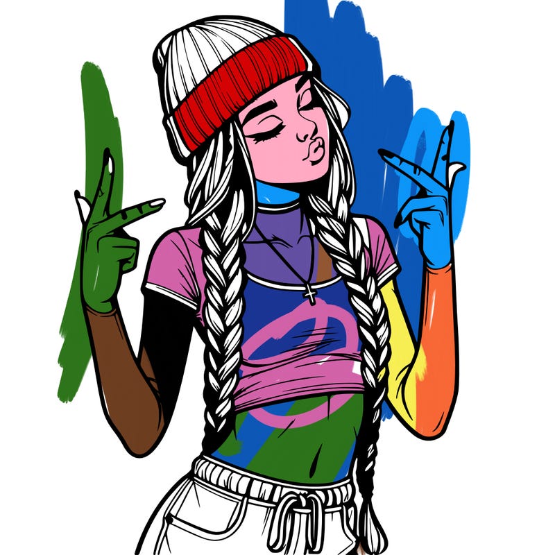 realistic teenage girl with braids and a beanie and crop top doing 🫶🏼