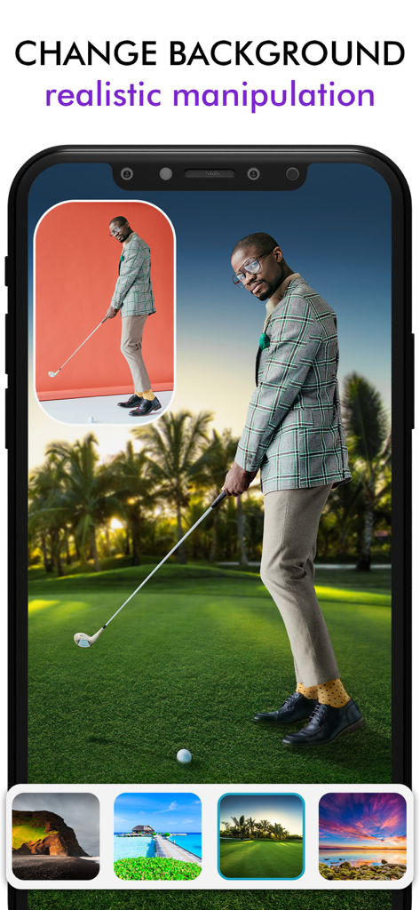 Fix The Photo Body Editor&Tune - A screenshot demonstrating the realistic background manipulation feature with a man moved from a studio to a golf course