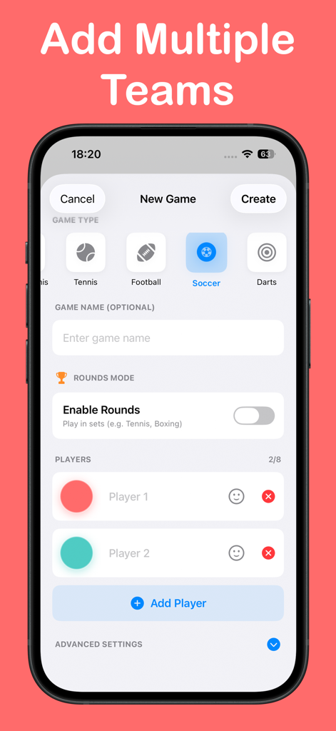 Scoreboard - Score Counter - The setup screen for a new match in the Scoreboard app showing player creation and game type selection.