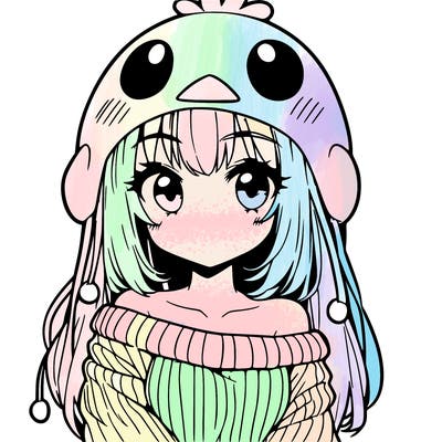 anime girl with chick shaped hat with sweater with bare shoulders with bangs covering them one eye with low tail