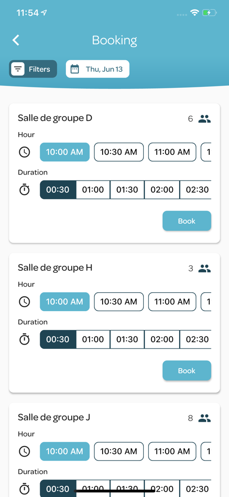 Affluences - Affluences app interface for booking group study rooms with time and duration selectors