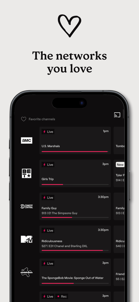 Smartphone showing Philo app with a list of favorite live TV channels including AMC and MTV