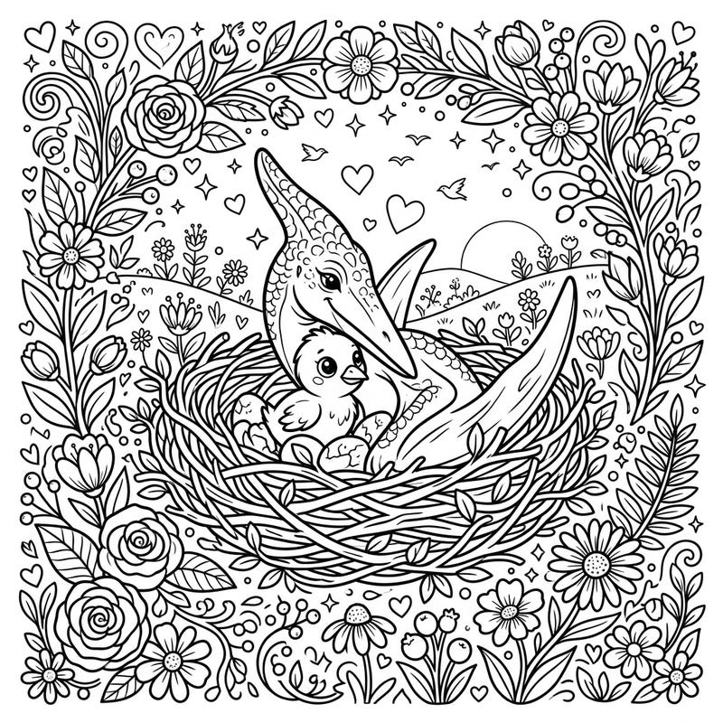 Celebrate the unique bond of motherhood with this heartwarming Pteranodon coloring page, perfect for Mother's Day. It features a tender Pteranodon parent nurturing its chick in a nest, framed by beautiful flowers and loving symbols.