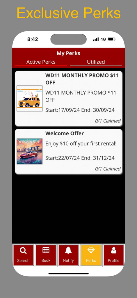 WD11 Car Rental - WD11 Car Rental app screen showing exclusive perks monthly promo and welcome offer