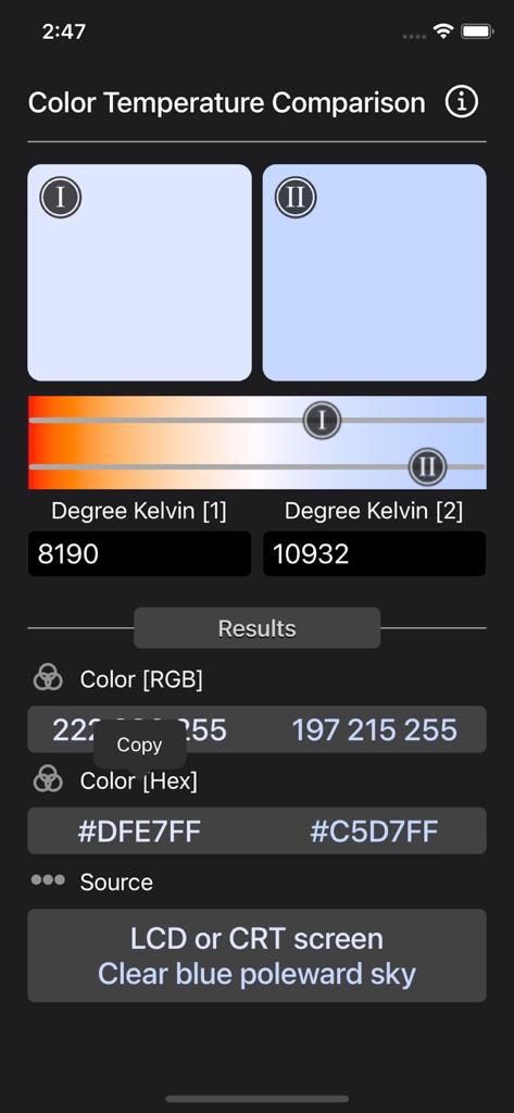 Interface do aplicativo Comparação de Temperatura de Cor comparando dois valores Kelvin com seus códigos RGB e HEX correspondentes.