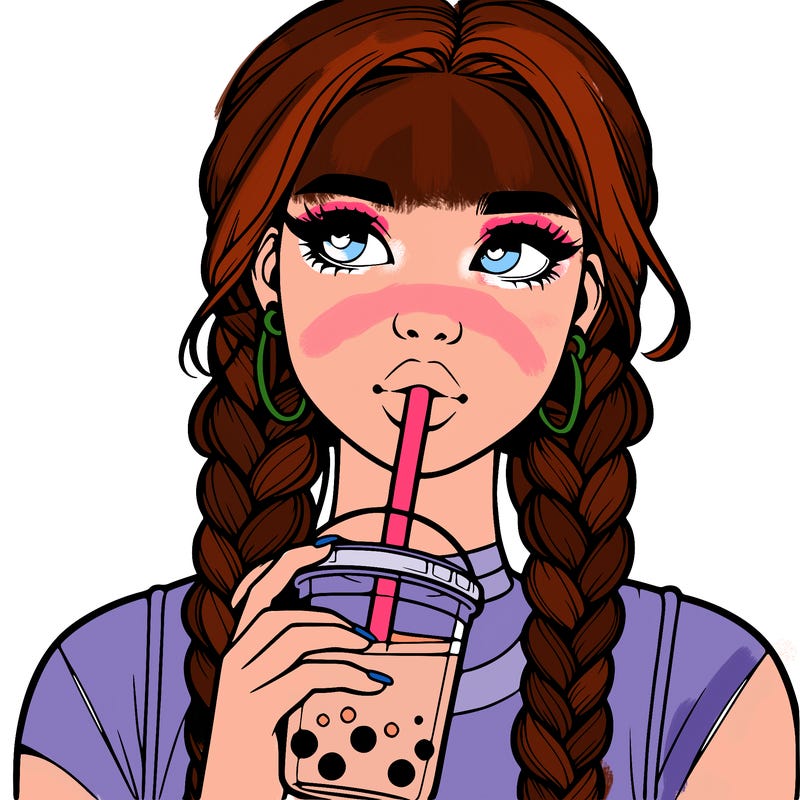 realistic girl with braided hair drinking boba
