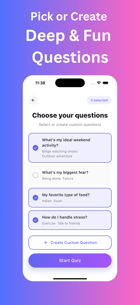 Ein mobiler App-Bildschirm, der eine Liste von Freundschaftsfragen zur Auswahl für ein benutzerdefiniertes BFF-Quiz anzeigt.