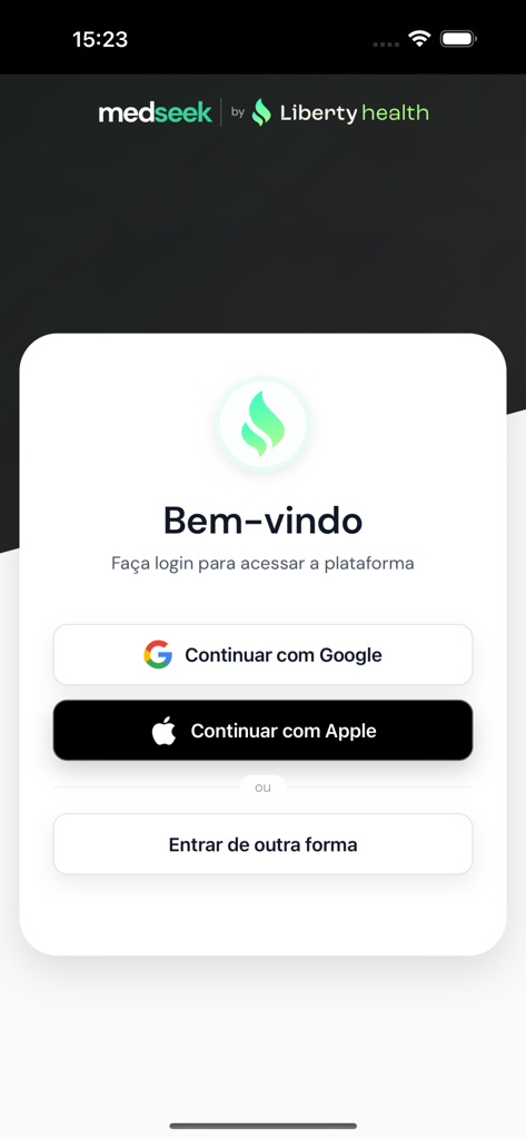 MedSeek by Liberty - Login screen for MedSeek by Liberty app showing social sign in options in Portuguese
