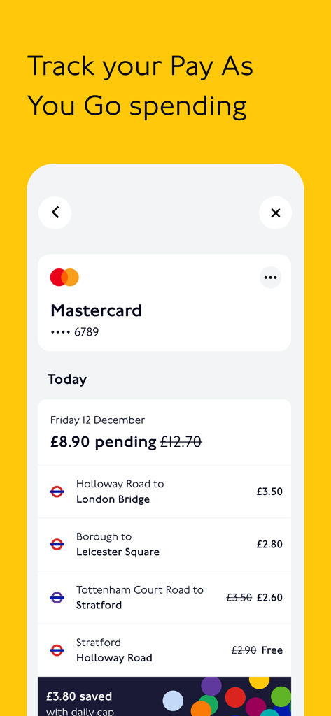 TfL Go: Plan, Pay, Travel - TfL Go mobile app interface showing London transport journey history and contactless spending tracking