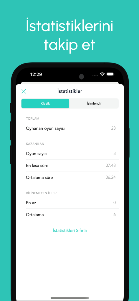 Harita Oyunu: 81 İl Tahmin Et - Statistics screen showing user progress and performance in the Turkey map quiz game