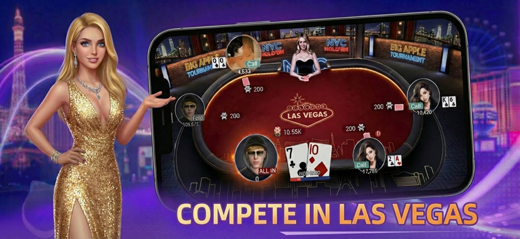 ラスベガスでのテキサスホールデムトーナメントを特集したモバイルポーカーゲーム画面を提示する、ゴールドのドレスを着たプロフェッショナルな女性。