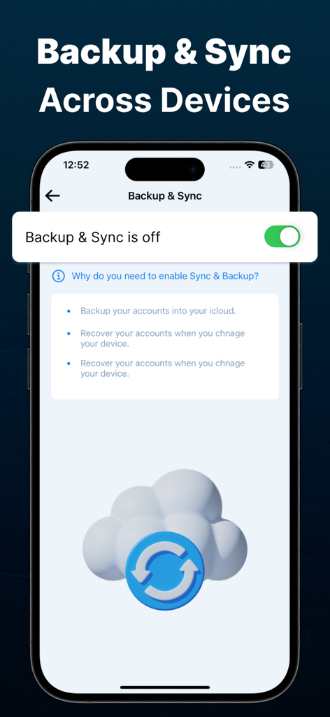 Authenticator App - Official ™ - Schermata dell'app Authenticator che mostra le impostazioni di backup e sincronizzazione per il recupero sicuro dell'account cloud.