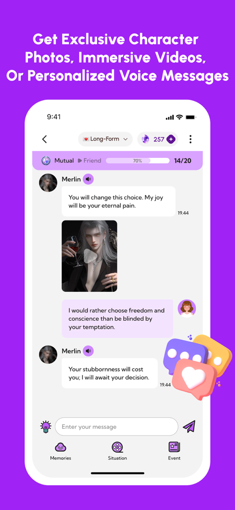A roleplay chat interface with an AI character in the DeepLove AI app featuring text and video messages.