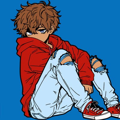 a male hoddie ripped jeans messy hair anime