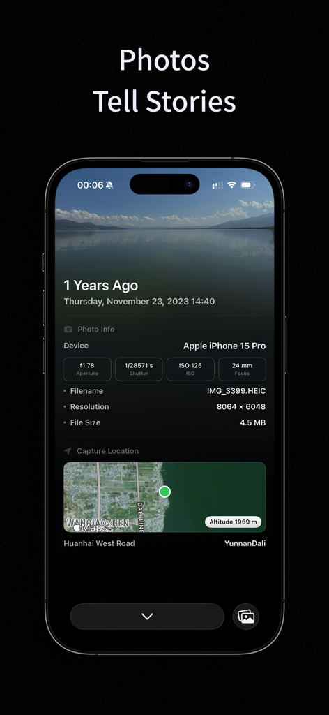 linger - Photo Cleaner - Pantalla de información detallada de la foto en la aplicación linger que muestra la configuración de la cámara, el tamaño del archivo y la ubicación de la captura en un mapa.