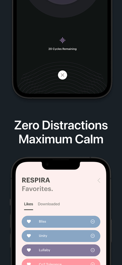 Zwei iPhone-Bildschirme mit der RESPIRA App, einer dunklen Benutzeroberfläche für Atemsitzungen und einer hellen Favoritenliste für Klanglandschaften.