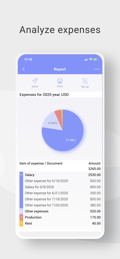 BOSS Small Business Accounting - Relatório de despesas anuais no aplicativo de contabilidade BOSS com gráfico de pizza e lista de custos