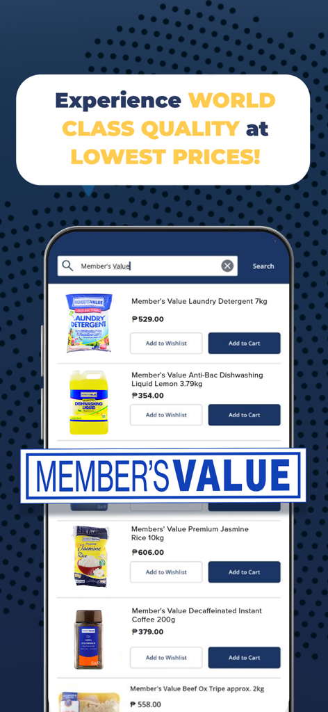 S&R Shopping - S&R Shopping Mobile App zeigt einen Katalog von Member's Value-Lebensmittelprodukten und Preisen.