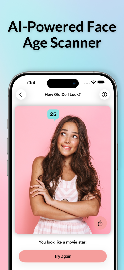 How Old Do I Look? AI Scanner - Smartphone displaying the AI-powered face age scanner app with a result for a young woman