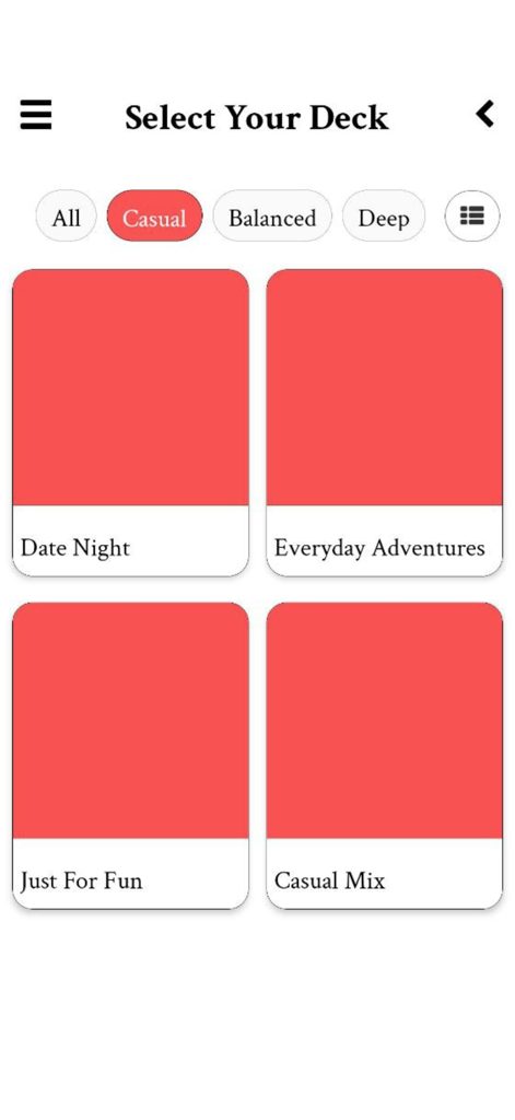 Cairds - Cairds app interface showing the deck selection screen with casual conversation categories like Date Night and Everyday Adventures