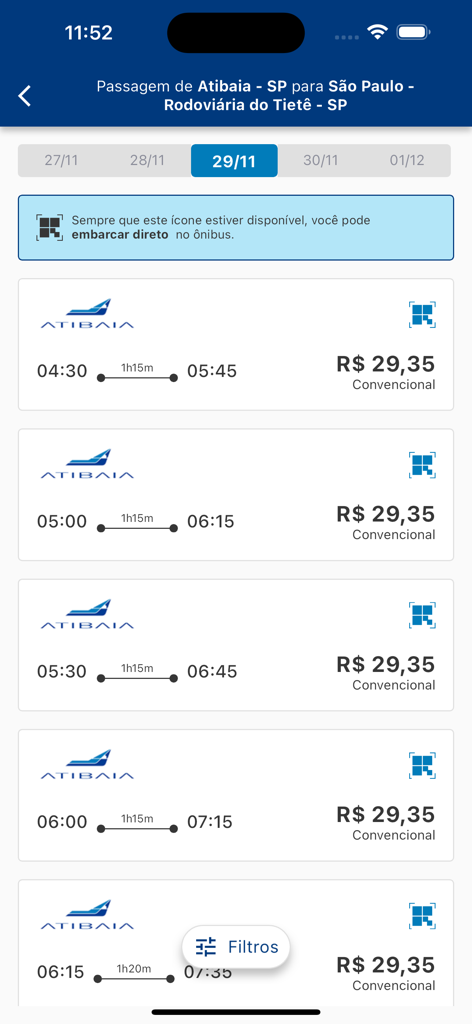 Viação Atibaia app screen showing bus ticket options from Atibaia to São Paulo with times and prices.