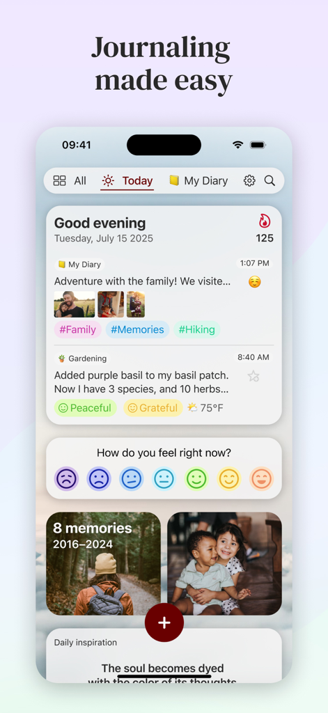 Diarly: Diary, Private Journal - The Diarly app on an iPhone showing a daily journal entry with photos, mood tracking icons, and memory gallery.