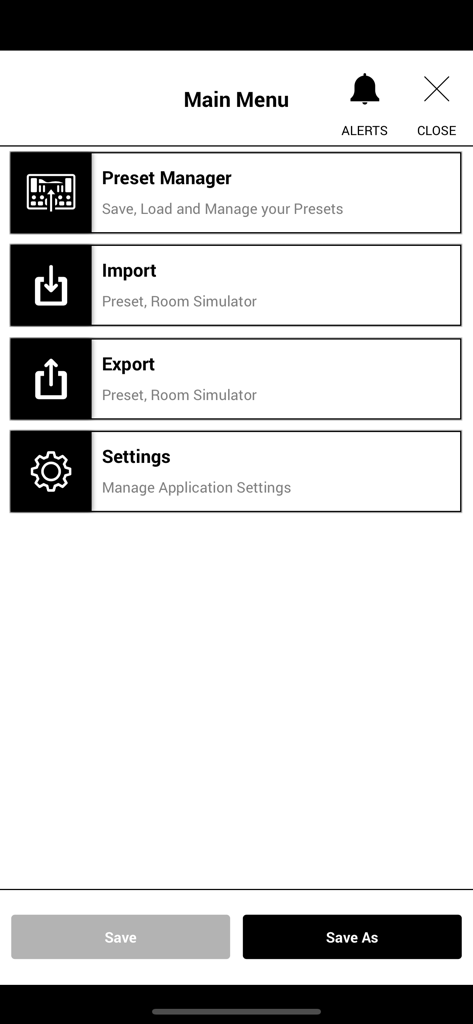Ambiente Room Simulator - Main menu of the Ambiente Room Simulator app showing preset manager, import, export, and settings options